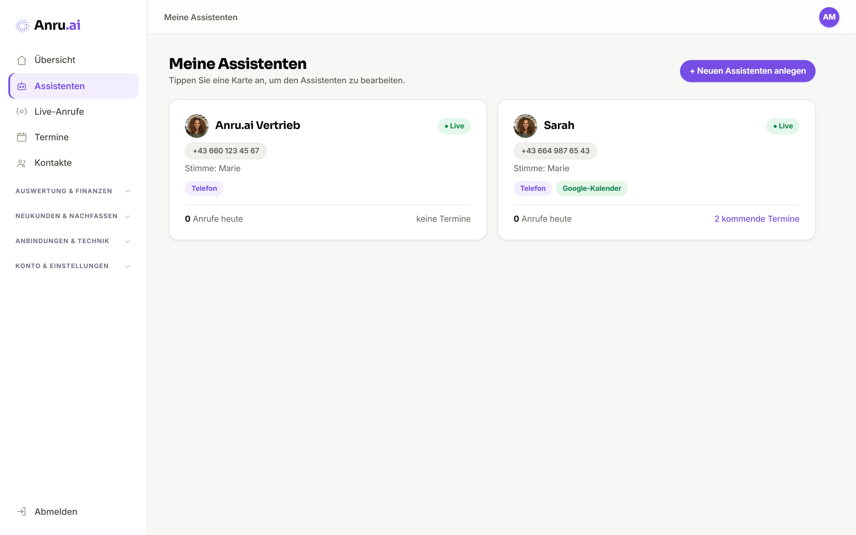 Anru.ai App: Meine Assistenten — aktive KI-Telefonassistenten mit Rufnummer, Stimme und Kanälen