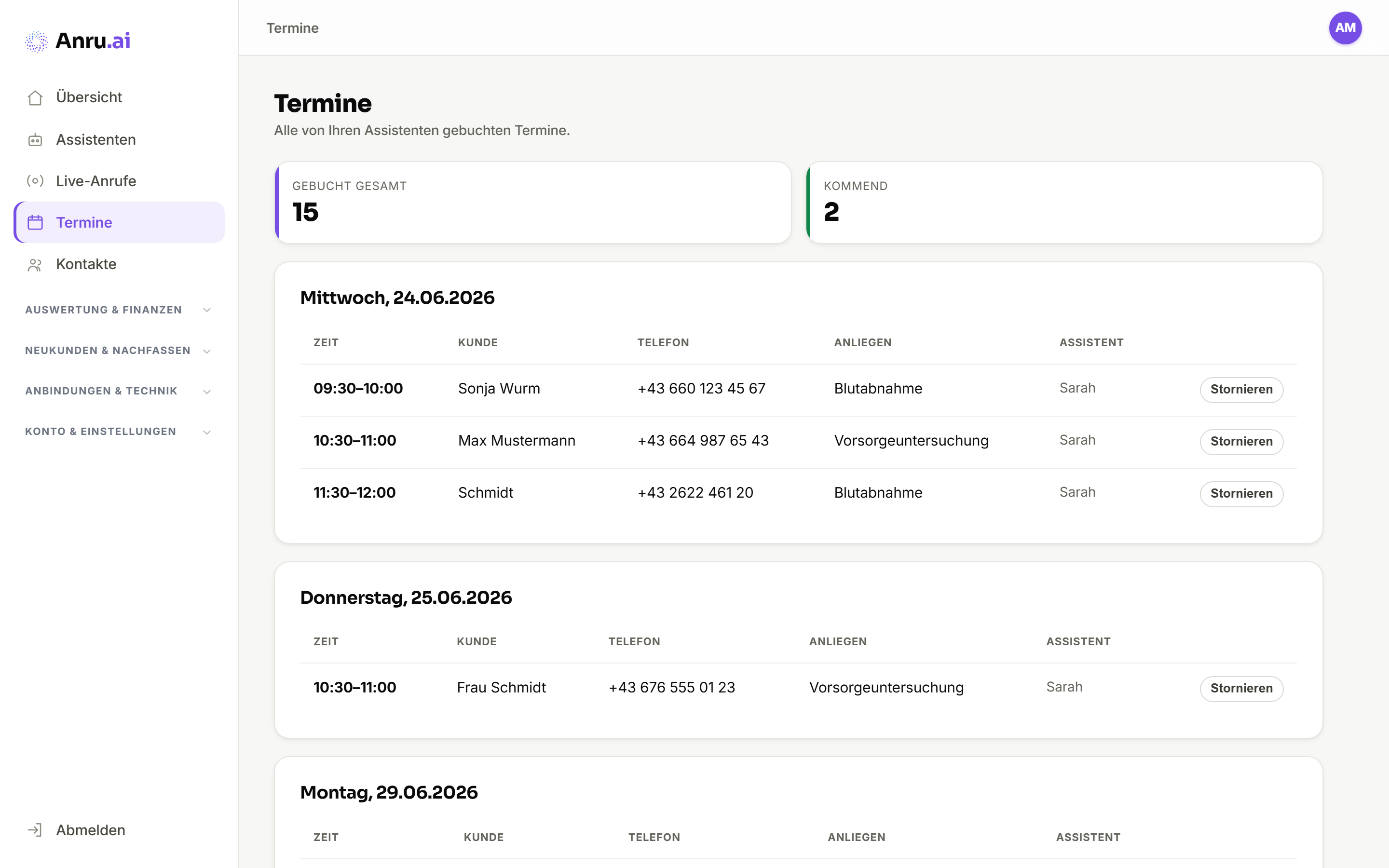 Anru.ai App: gebuchte Termine mit Uhrzeit, Kunde, Anliegen und zuständigem Assistenten